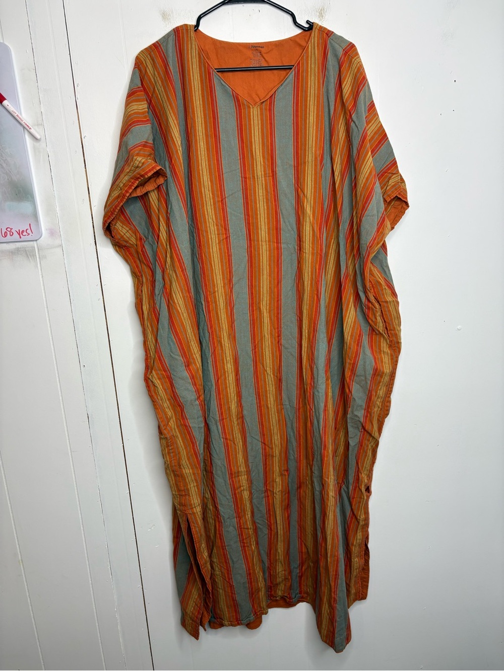 J Peterman Dress Womens L XL Kaftan Cotton Striped Resort Cap Sleeve Boho